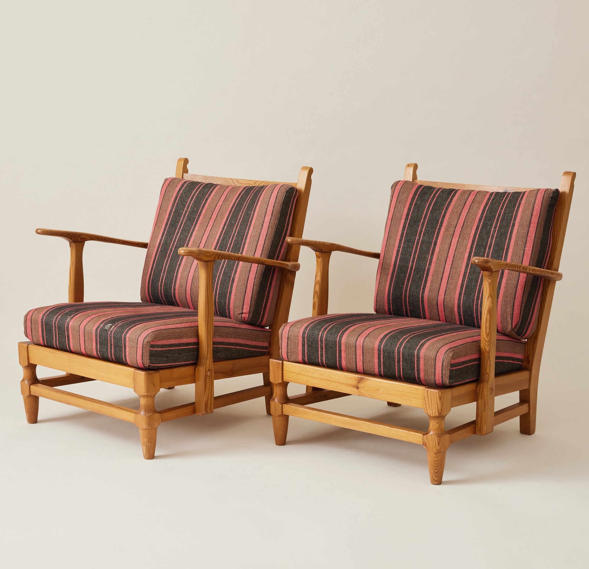 Gunnar Göpert Swedish Pine Armchairs With Striped Cushions, 1940's/50's, a Pair