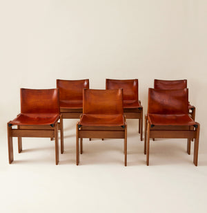 Afra & Tobia Scarpa Cognac Colored "Monk" Leather Dining Chairs for Molteni 1974, 6 Total