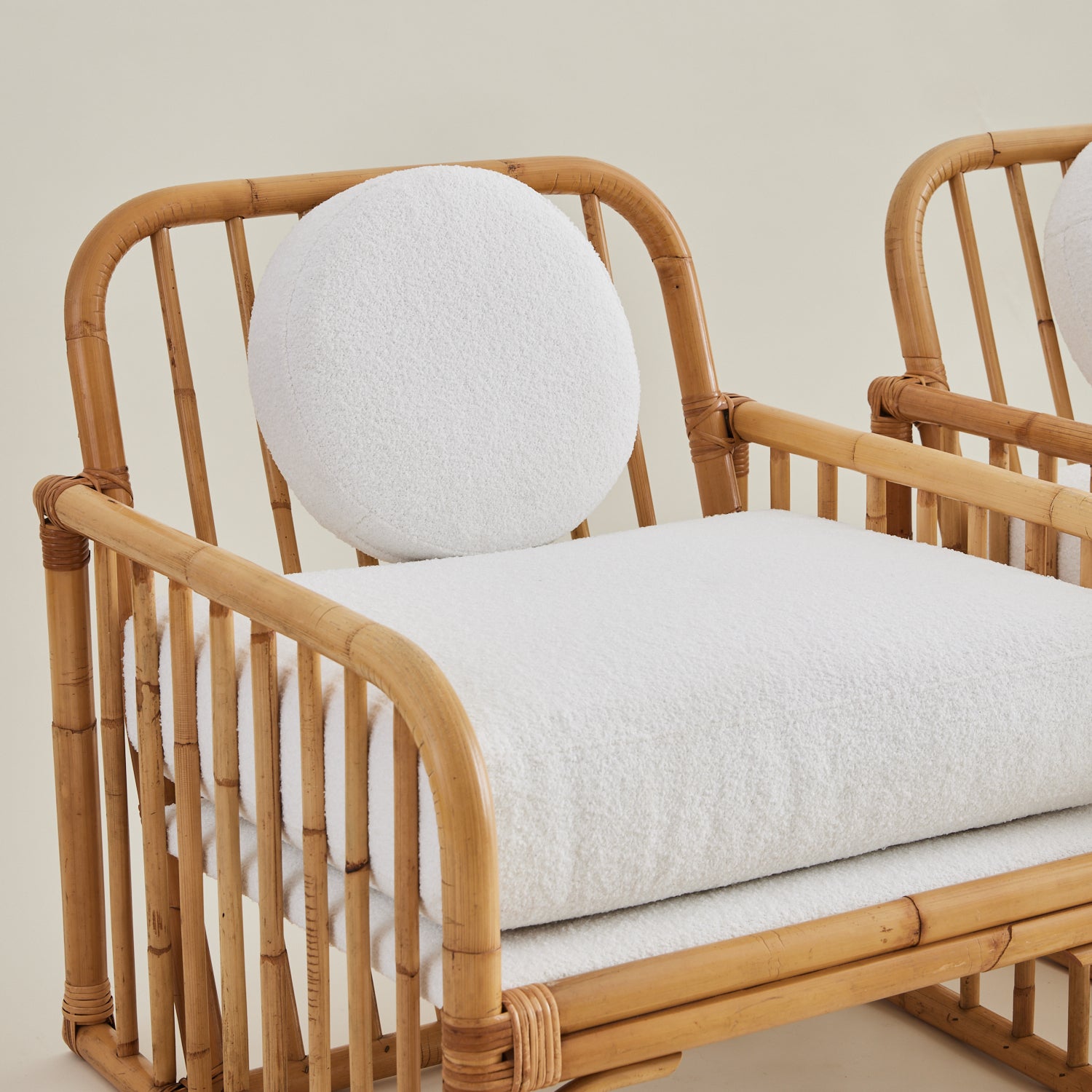 Vintage Italian Rattan Lounge chairs with boucle cushions, 1960's.