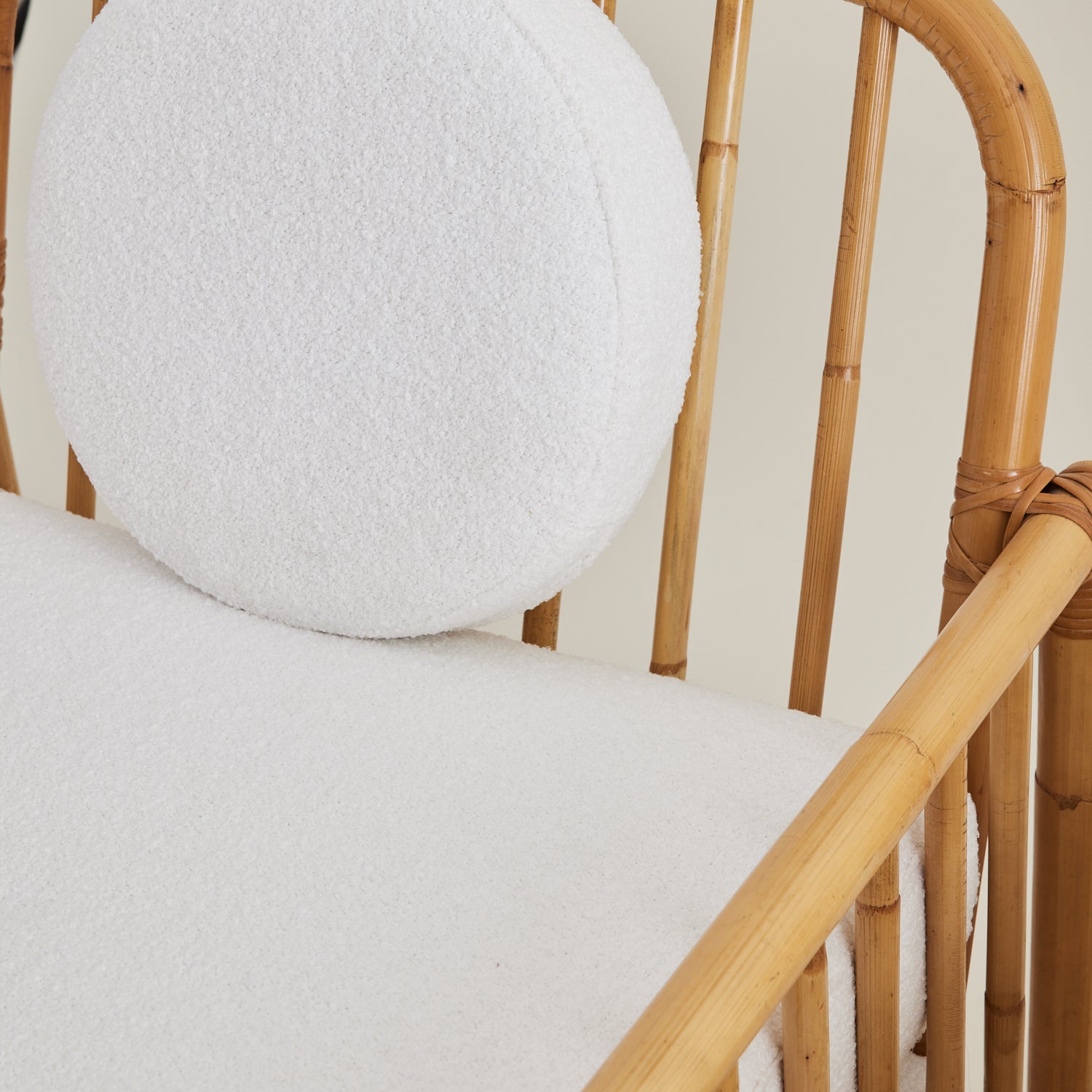 Vintage Italian Rattan Lounge chairs with boucle cushions, 1960's.