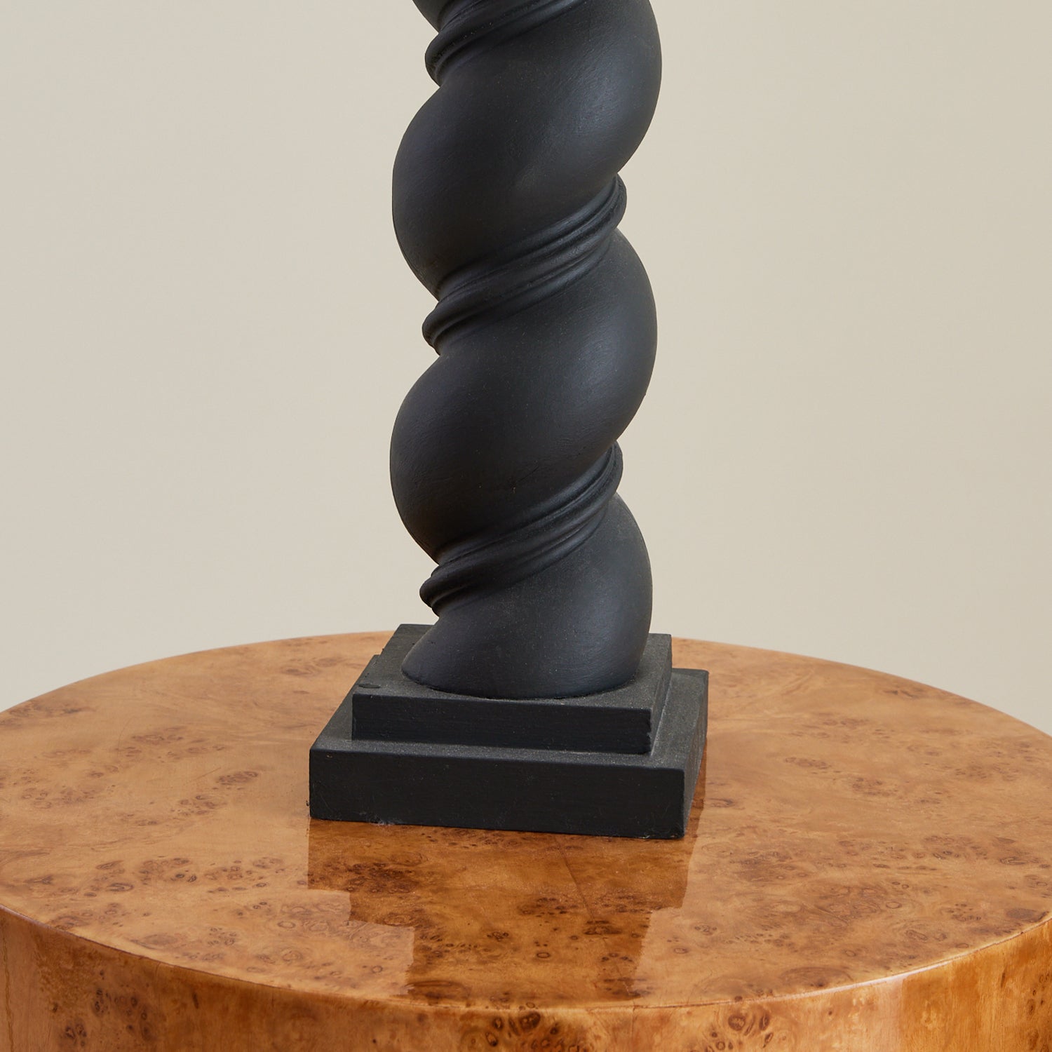 ON HOLD Pair of French twisted wood lamps in matte black, 1950's