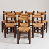 SOLD French Rustic Dining Chairs With Rush Seat, Charlotte Perriand Style, 1960's, Set of 8