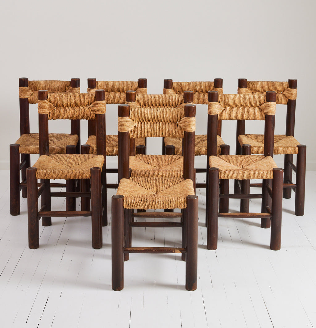 SOLD French Rustic Dining Chairs With Rush Seat, Charlotte Perriand Style, 1960's, Set of 8