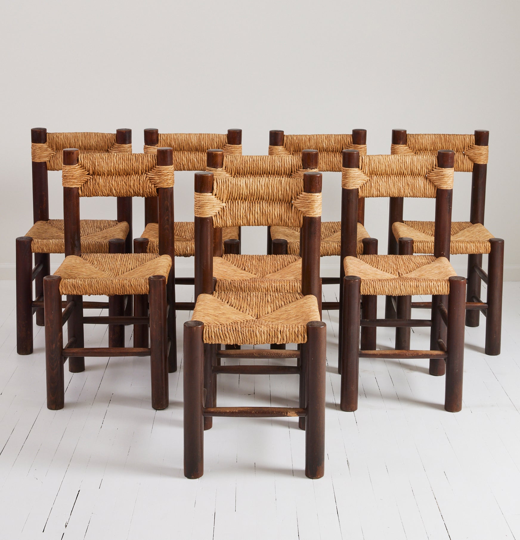 SOLD French Rustic Dining Chairs With Rush Seat, Charlotte Perriand Style, 1960's, Set of 8
