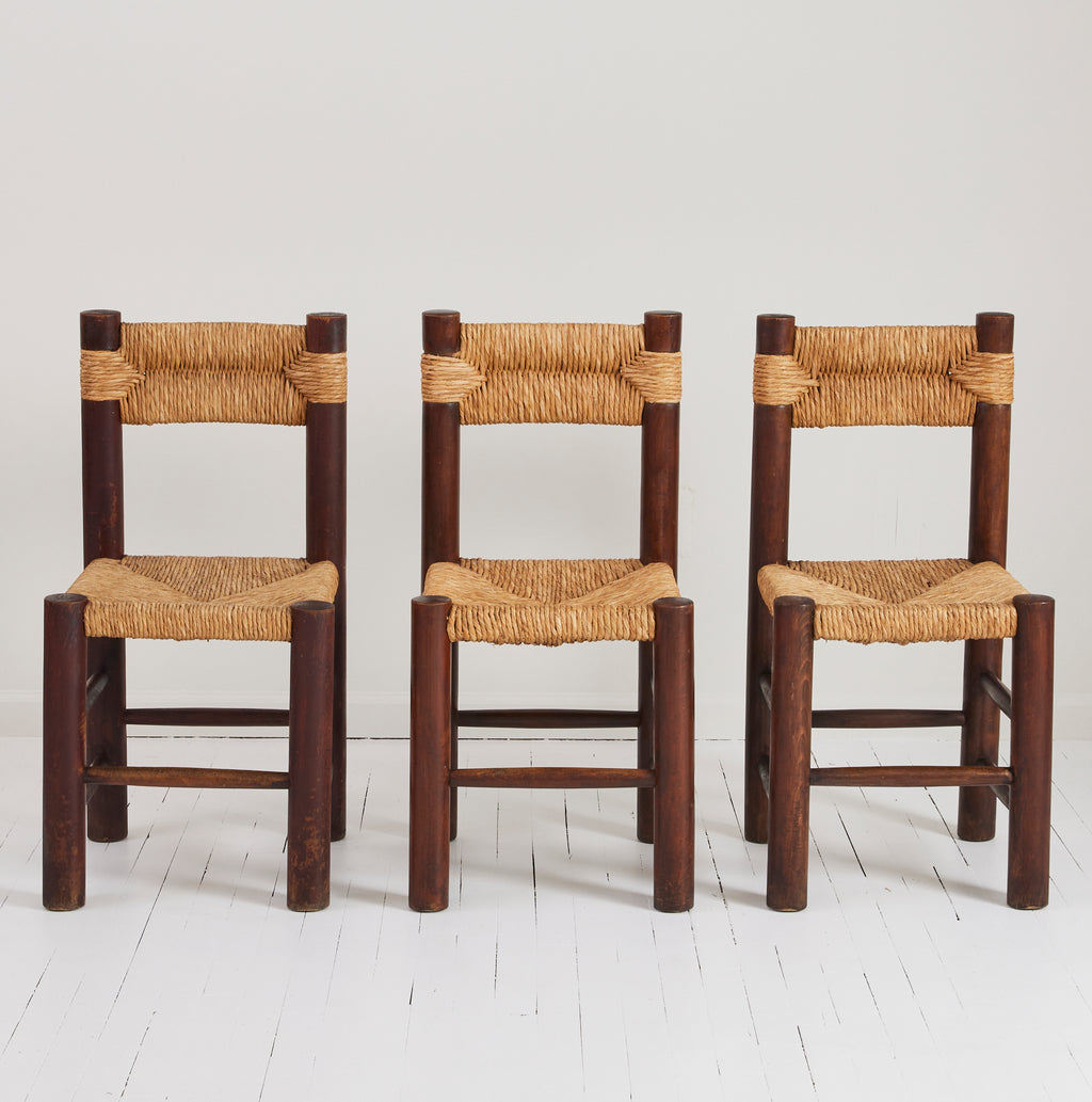 SOLD French Rustic Dining Chairs With Rush Seat, Charlotte Perriand Style, 1960's, Set of 8