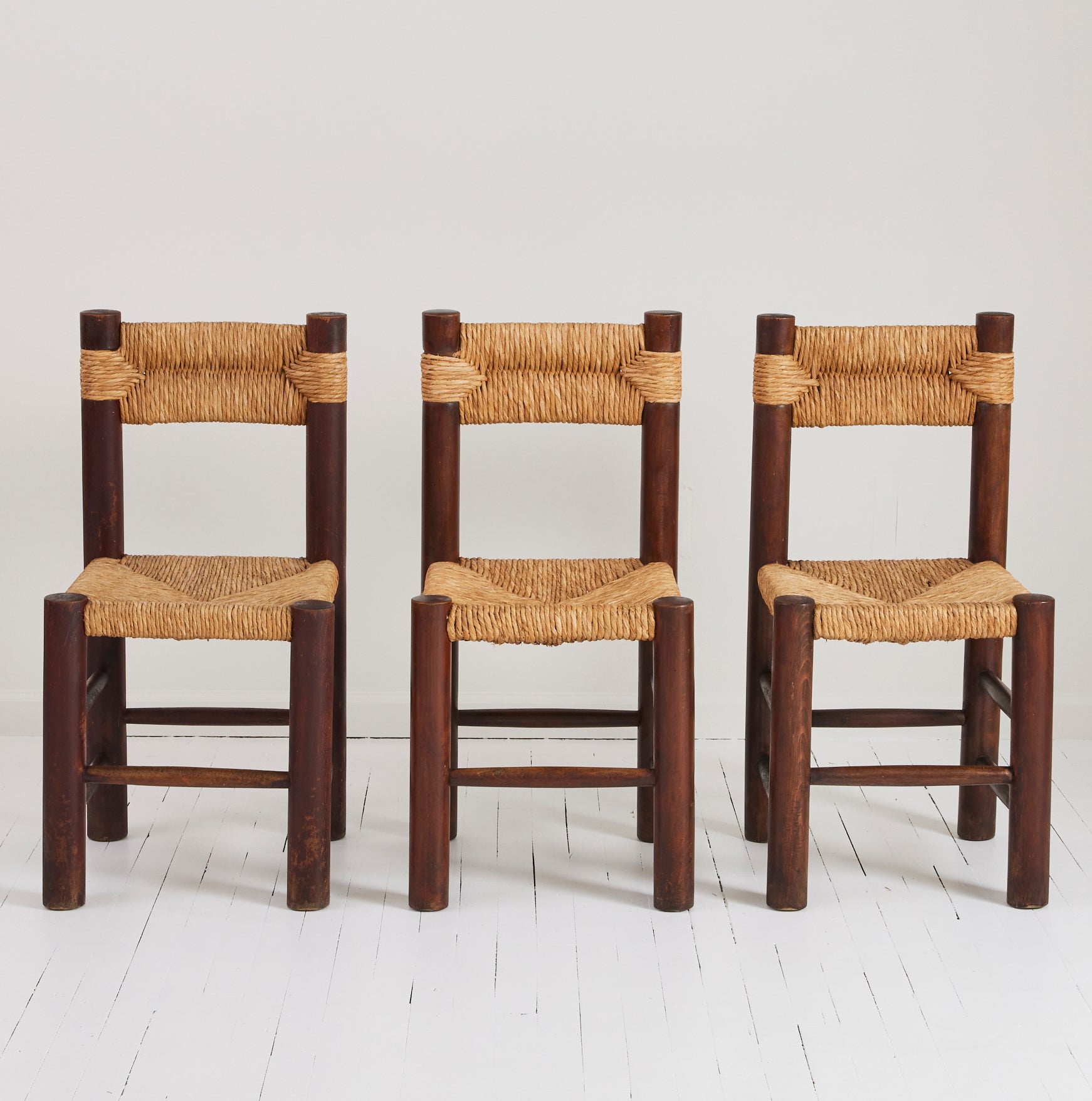 SOLD French Rustic Dining Chairs With Rush Seat, Charlotte Perriand Style, 1960's, Set of 8