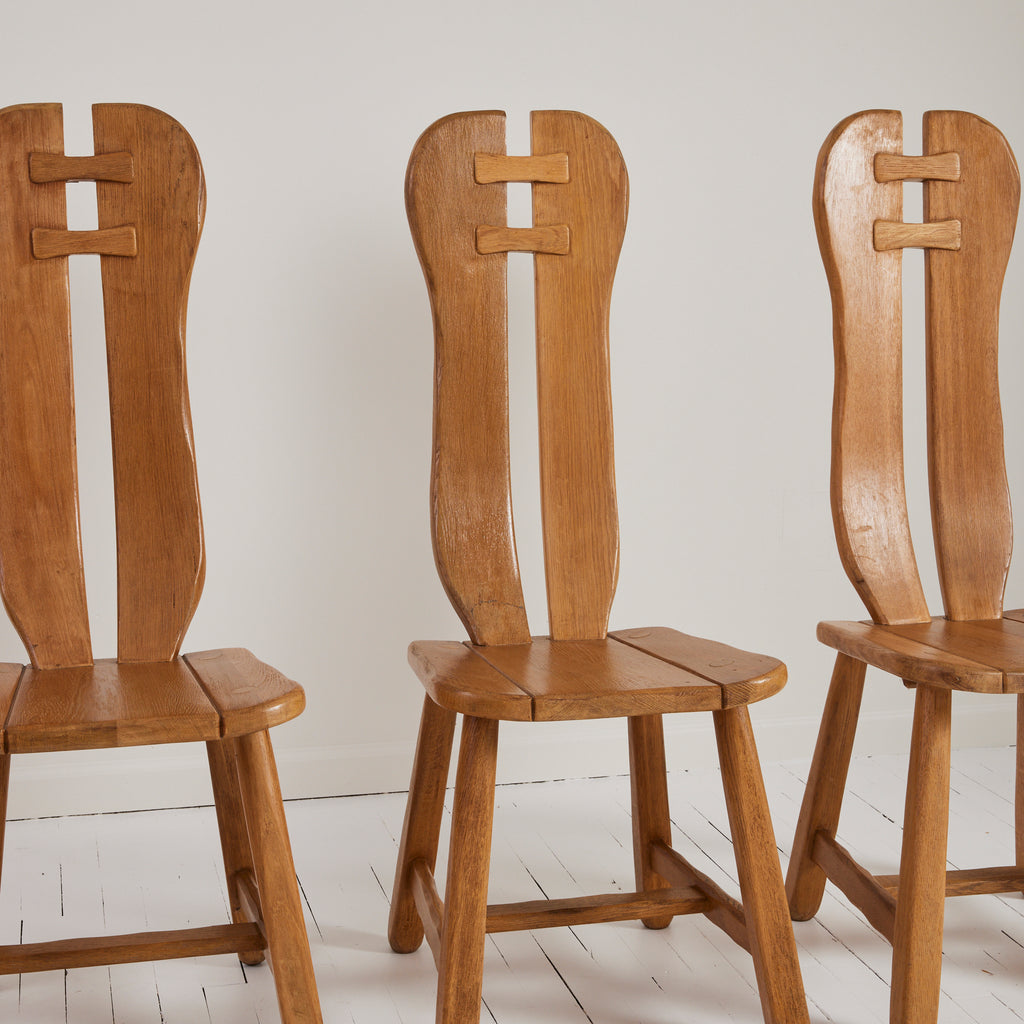 De Puydt Belgian Brutalist Oak Dining Chairs, 1970's, set of 6