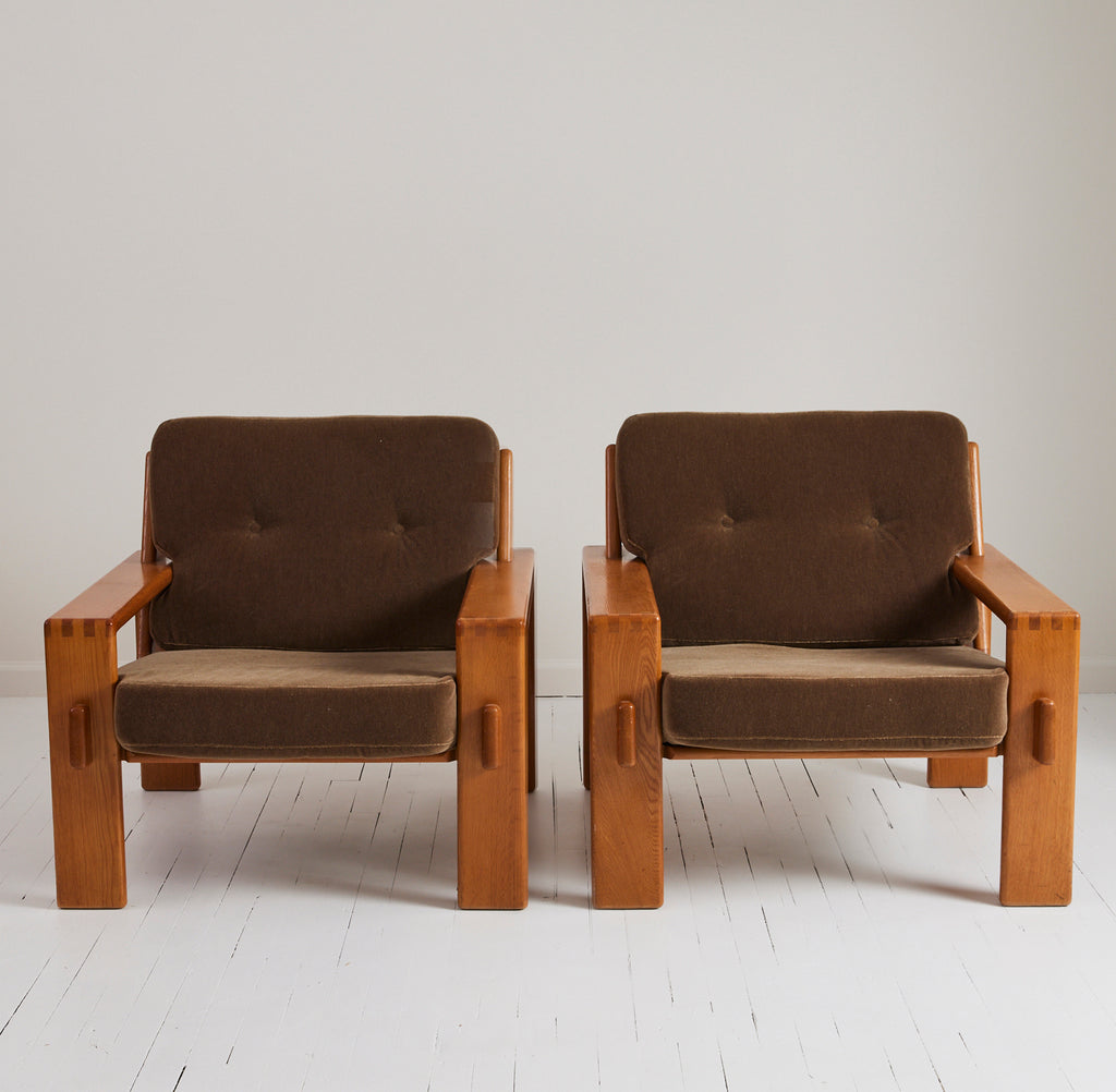 SOLD Esko Pajamies Finnish Velvet Mohair and Oak "Bonanza" Lounge Chairs, 1960s, a Pair