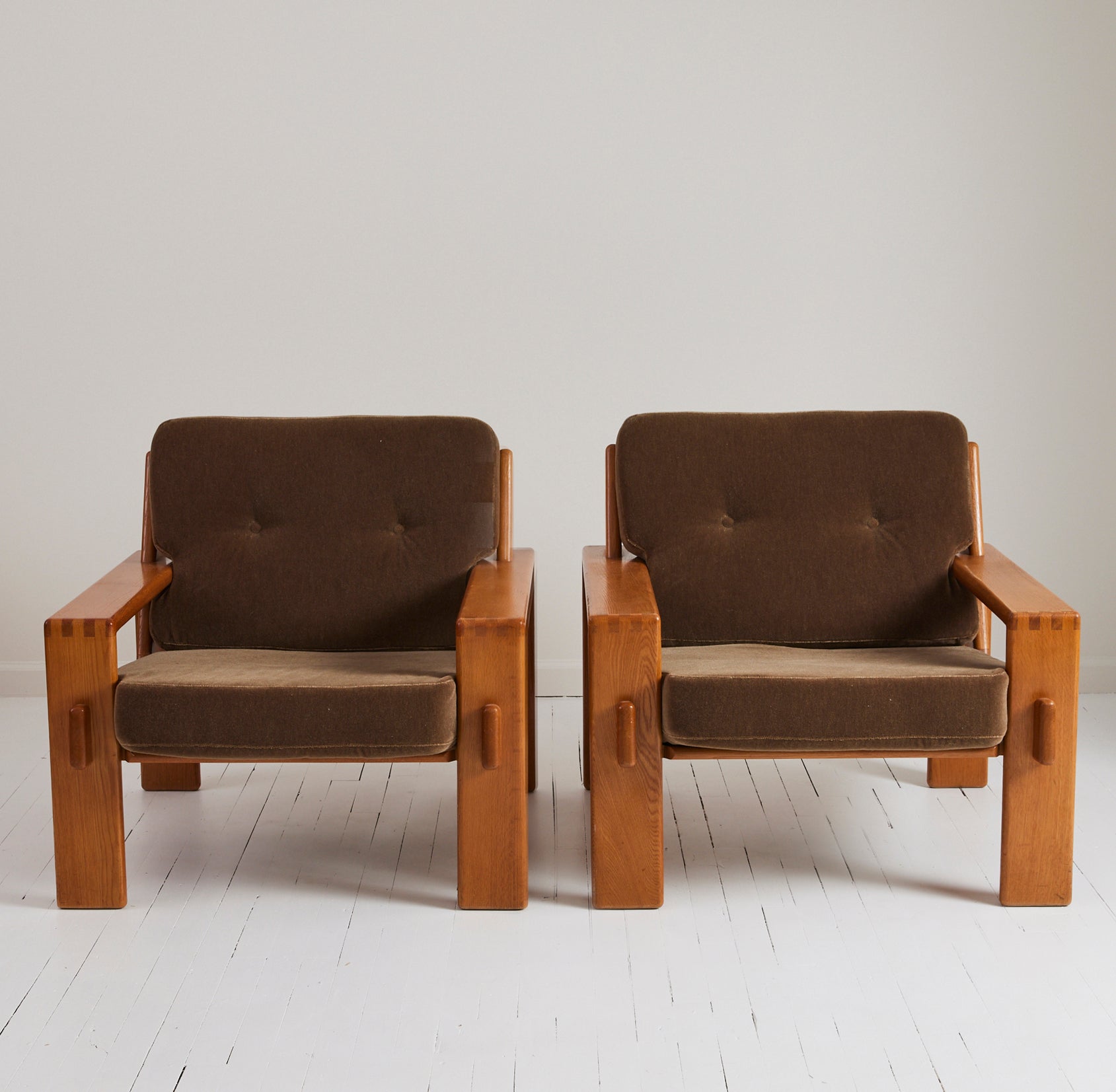SOLD Esko Pajamies Finnish Velvet Mohair and Oak "Bonanza" Lounge Chairs, 1960s, a Pair