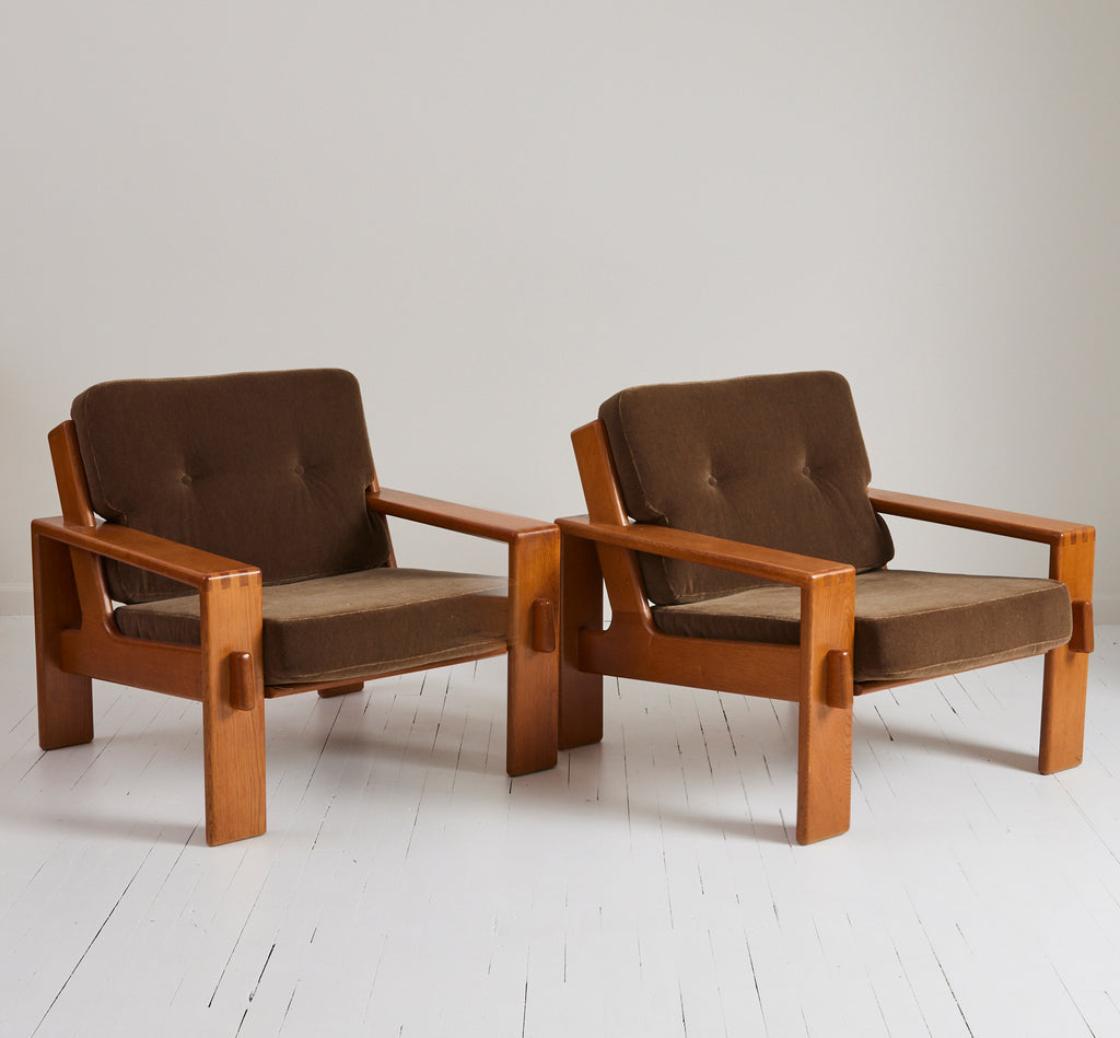 SOLD Esko Pajamies Finnish Velvet Mohair and Oak "Bonanza" Lounge Chairs, 1960s, a Pair