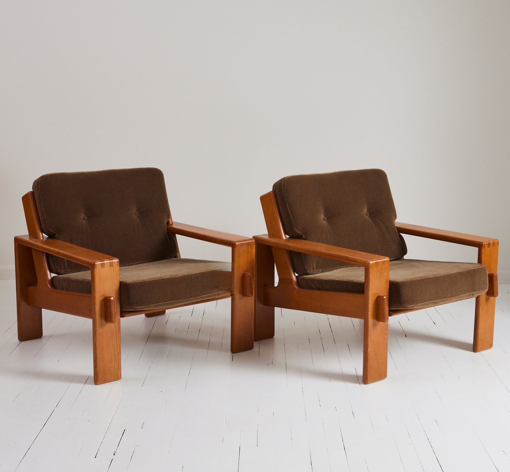SOLD Esko Pajamies Finnish Velvet Mohair and Oak "Bonanza" Lounge Chairs, 1960s, a Pair