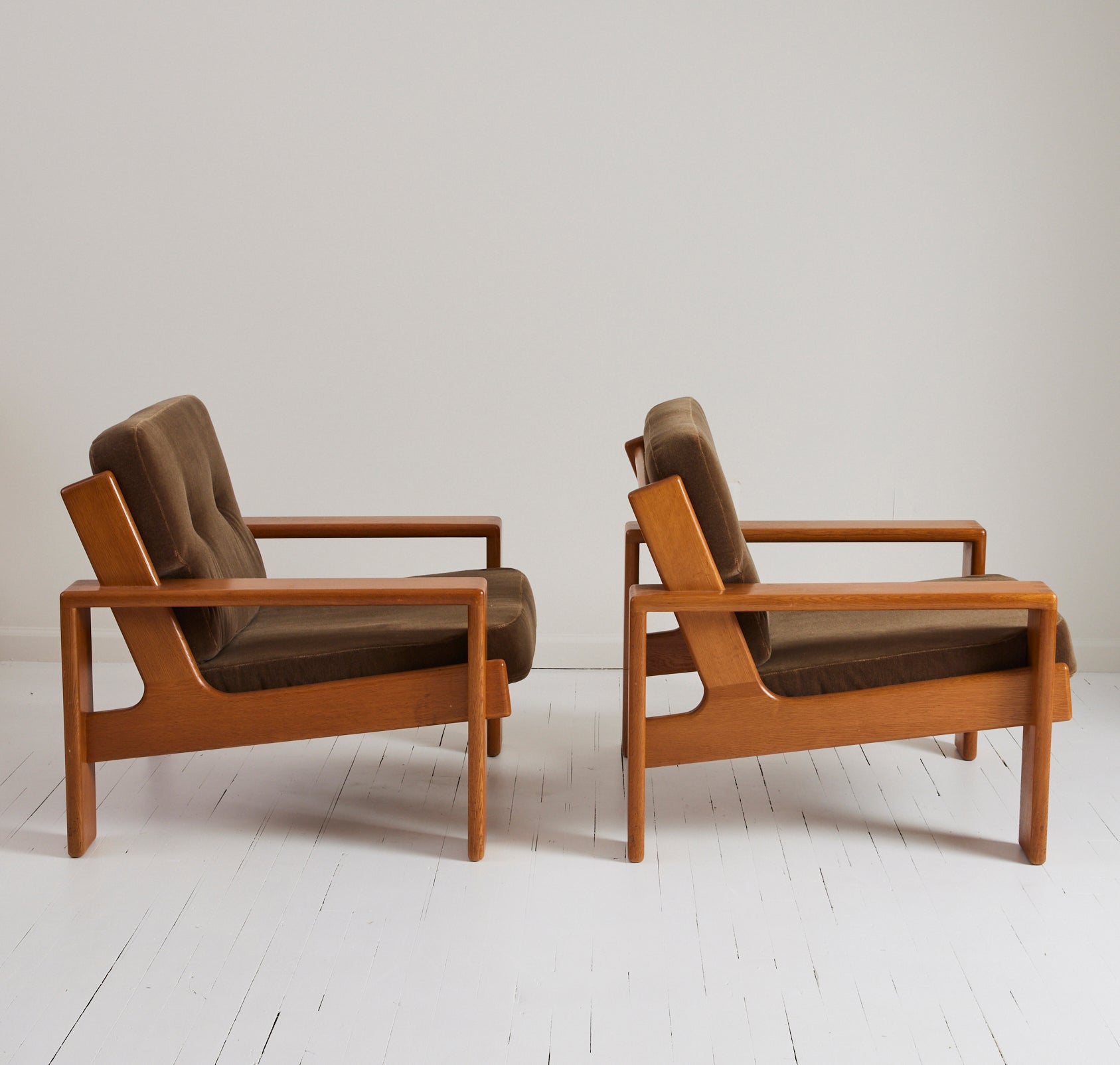 SOLD Esko Pajamies Finnish Velvet Mohair and Oak "Bonanza" Lounge Chairs, 1960s, a Pair