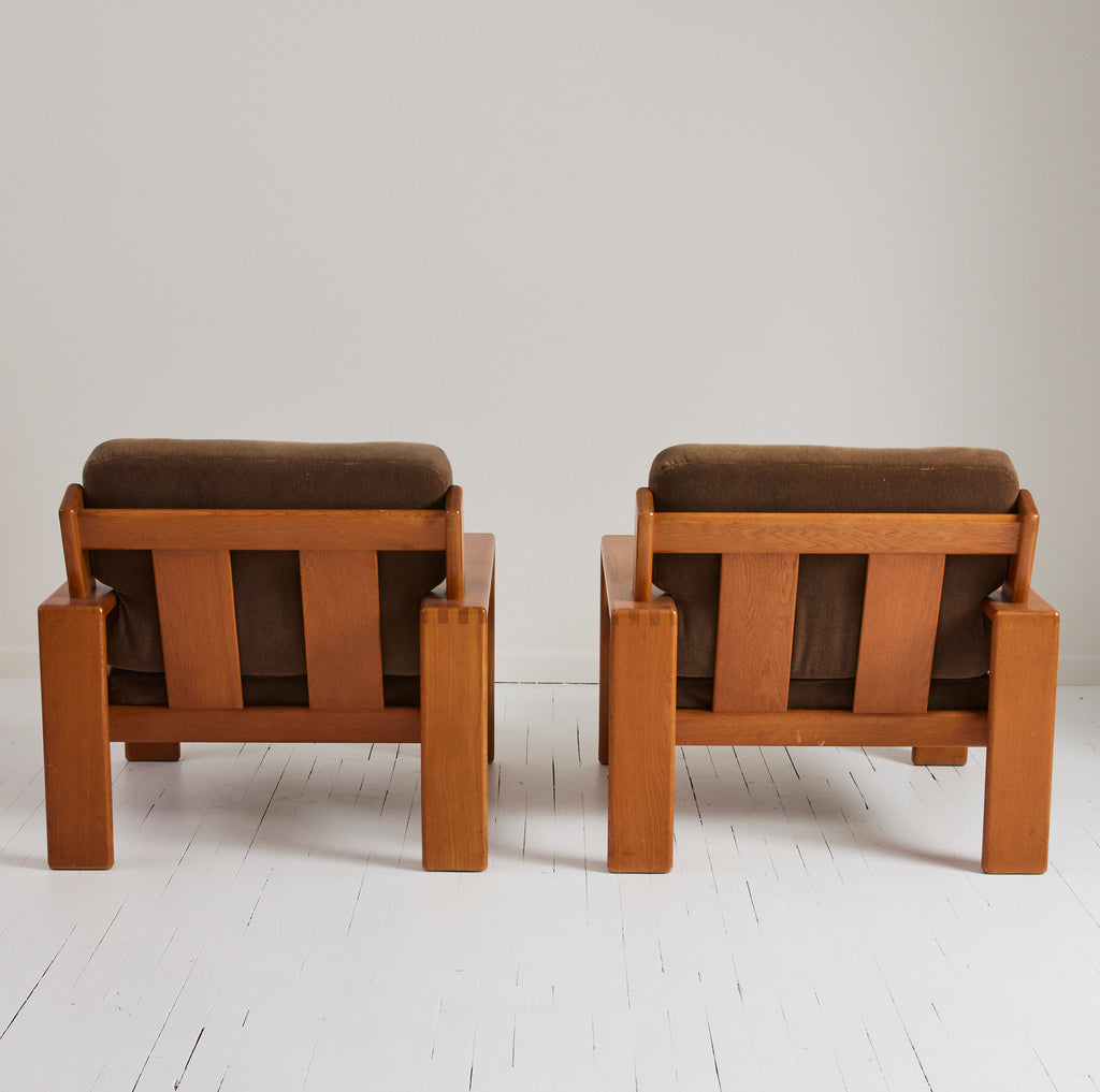 SOLD Esko Pajamies Finnish Velvet Mohair and Oak "Bonanza" Lounge Chairs, 1960s, a Pair