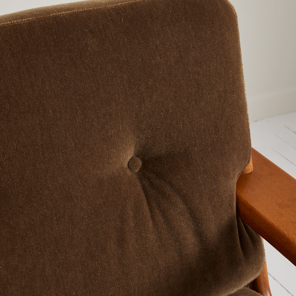 SOLD Esko Pajamies Finnish Velvet Mohair and Oak "Bonanza" Lounge Chairs, 1960s, a Pair