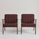 Ole Wanscher Danish Easy Chairs in Mahogany, Loose Striped Cushions 1950s - Set of 2