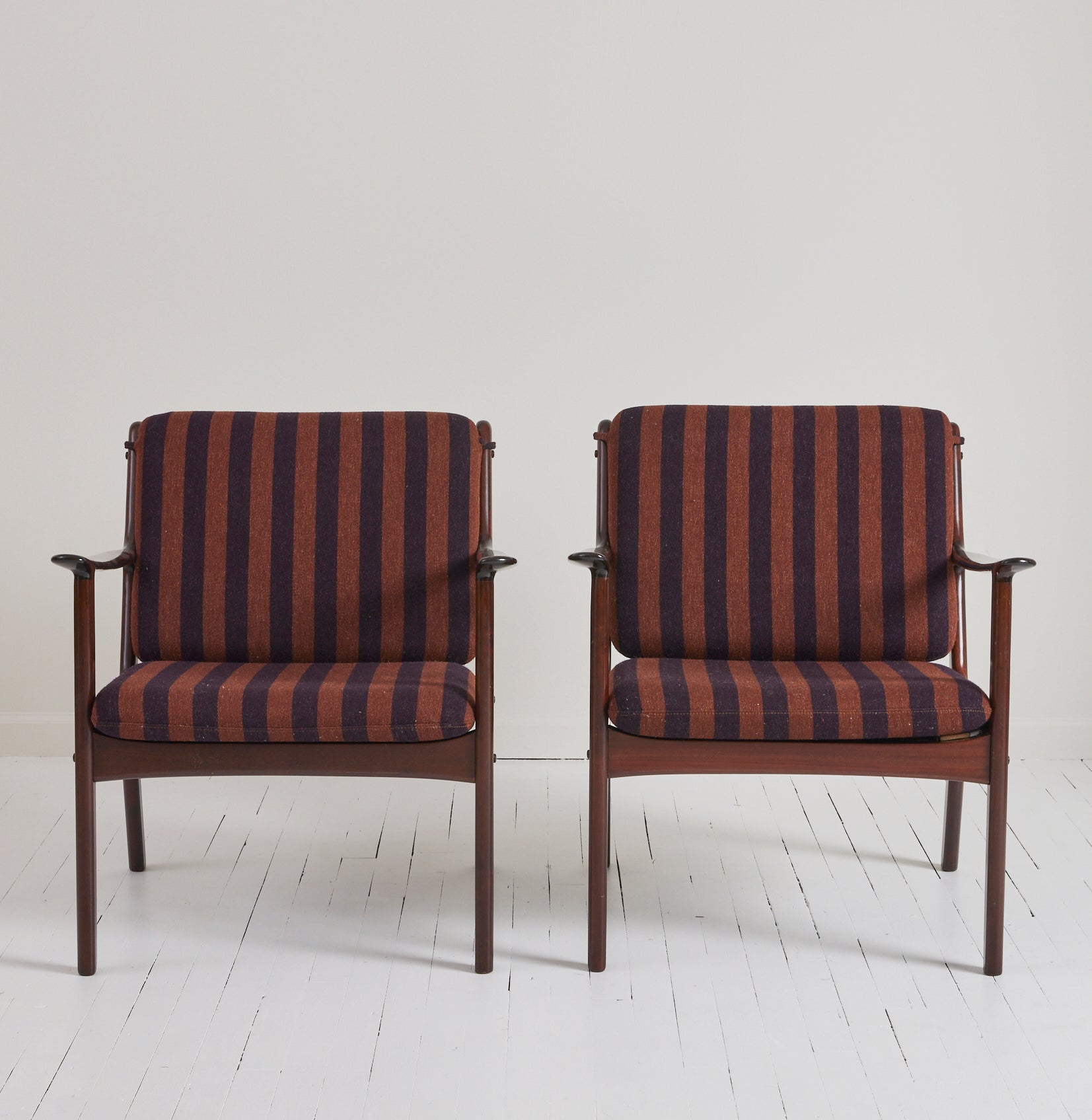 Ole Wanscher Danish Easy Chairs in Mahogany, Loose Striped Cushions 1950s - Set of 2