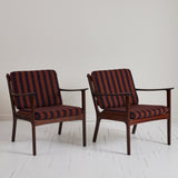 Ole Wanscher Danish Easy Chairs in Mahogany, Loose Striped Cushions 1950s - Set of 2