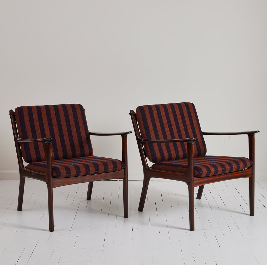 Ole Wanscher Danish Easy Chairs in Mahogany, Loose Striped Cushions 1950s - Set of 2