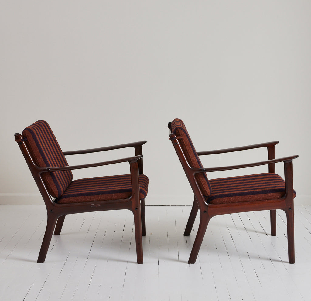 Ole Wanscher Danish Easy Chairs in Mahogany, Loose Striped Cushions 1950s - Set of 2