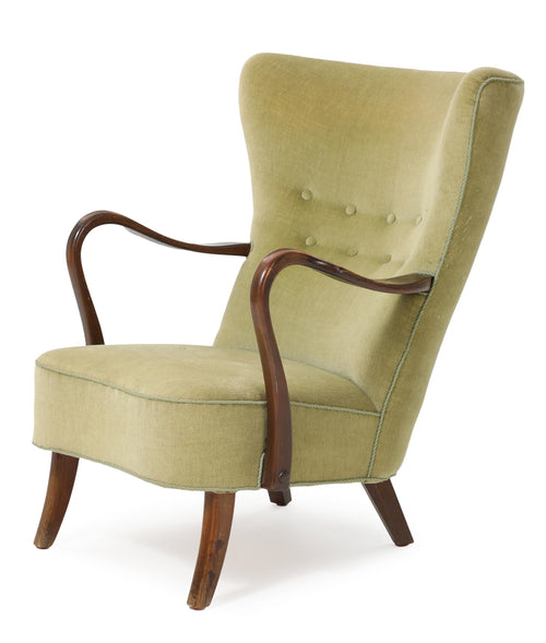 Alfred Christiansen Danish Modern High Back Easy Chair, 1940s, With Curved Open Arms