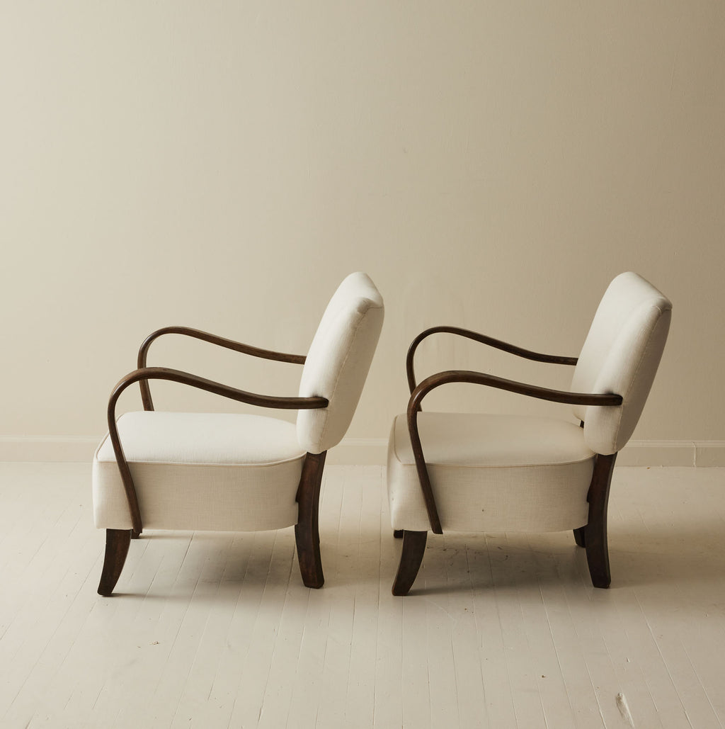 SOLD Jindrich Halabala Patinated Bentwood Lounge Chairs, a pair, 1930's.