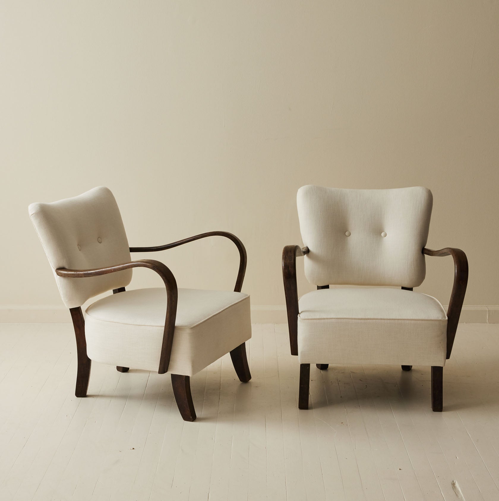 Jindrich Halabala Patinated Bentwood Lounge Chairs, a pair, 1930's.