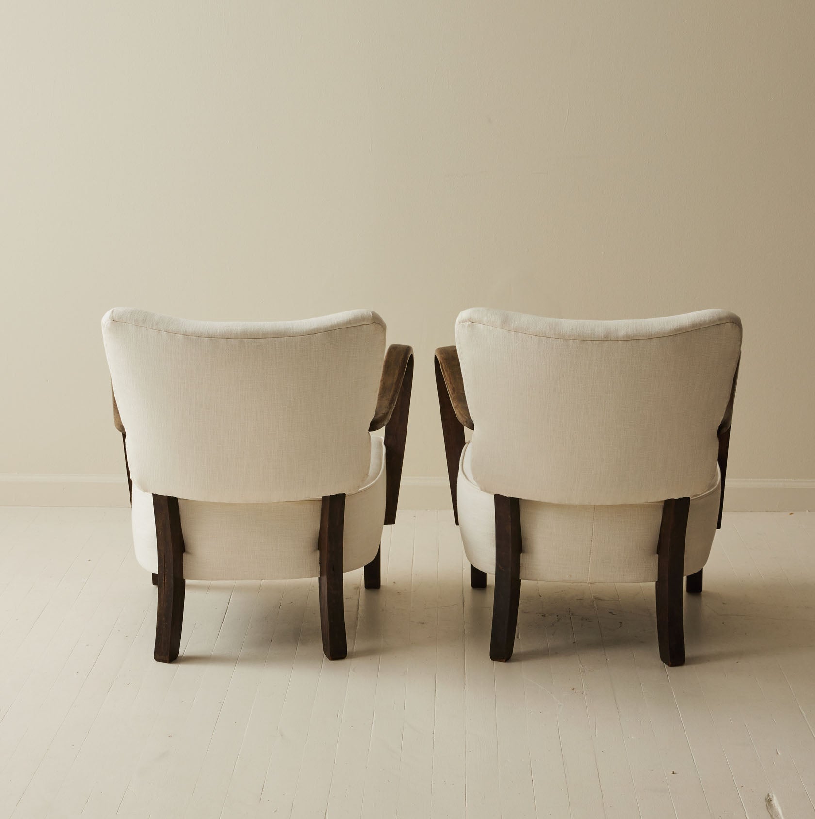 Jindrich Halabala Patinated Bentwood Lounge Chairs, a pair, 1930's.