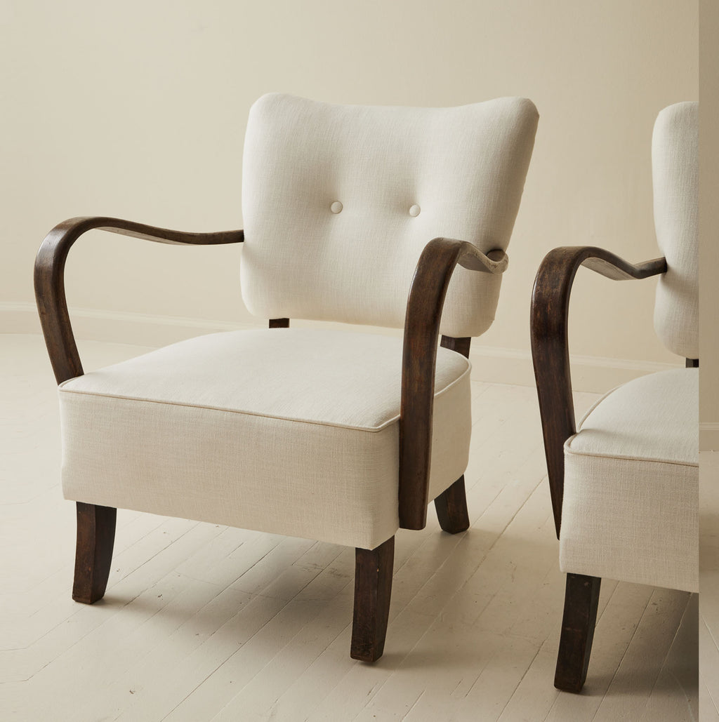 SOLD Jindrich Halabala Patinated Bentwood Lounge Chairs, a pair, 1930's.