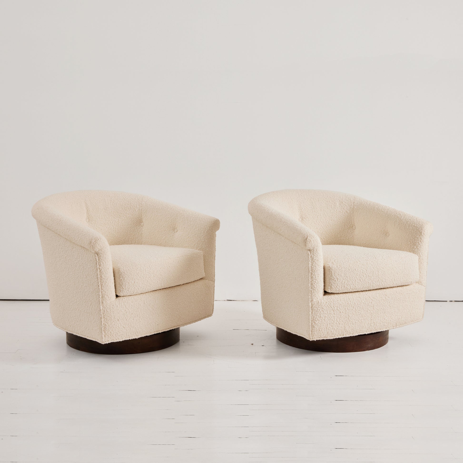 SOLD Milo Baughman Attributed Swivel Tub Chairs in Ivory Boucle, 1950's