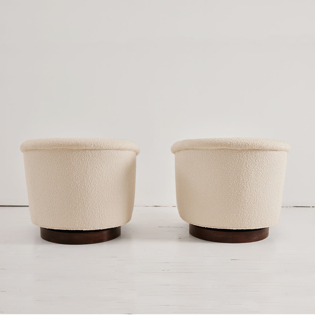 SOLD Milo Baughman Attributed Swivel Tub Chairs in Ivory Boucle, 1950's