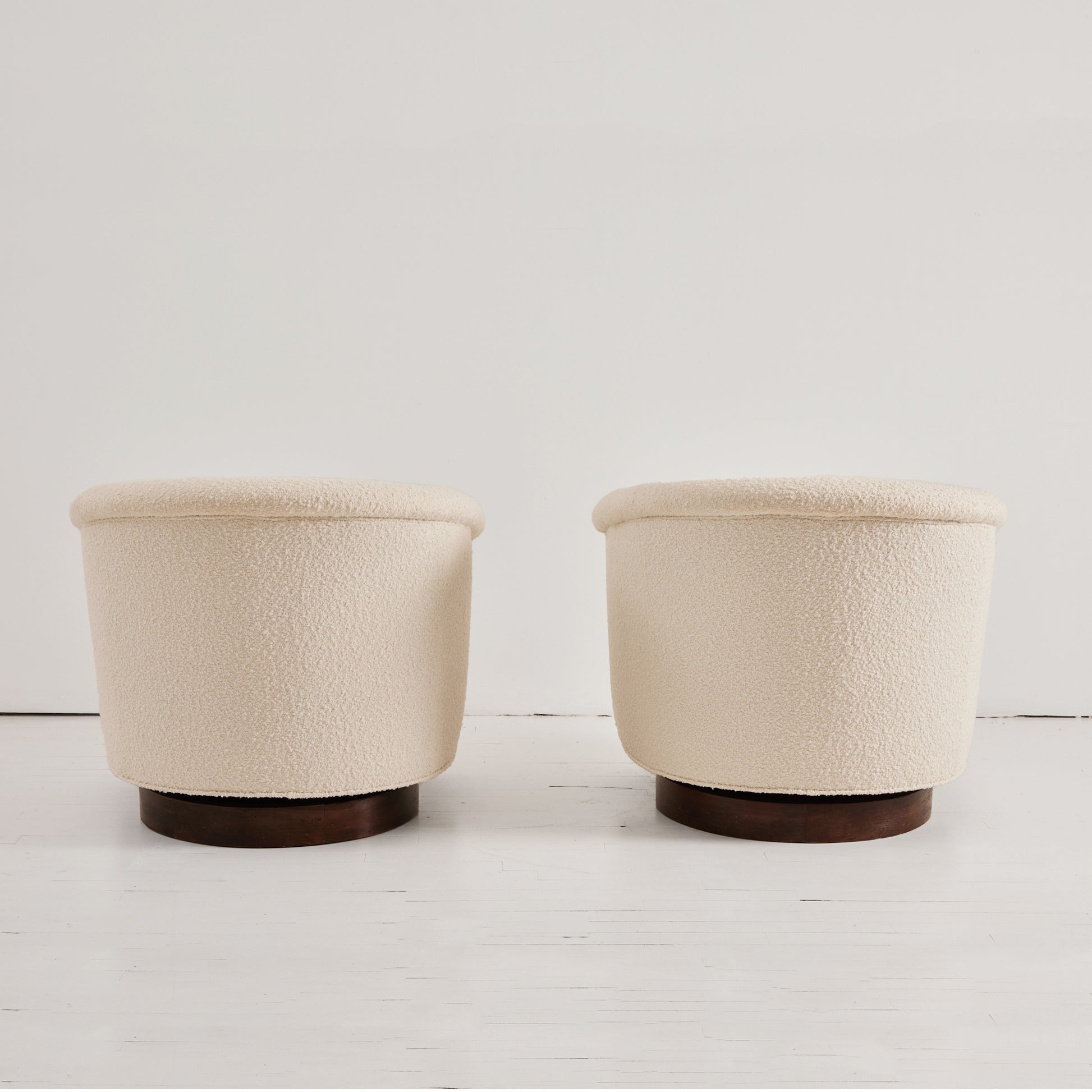 SOLD Milo Baughman Attributed Swivel Tub Chairs in Ivory Boucle, 1950's