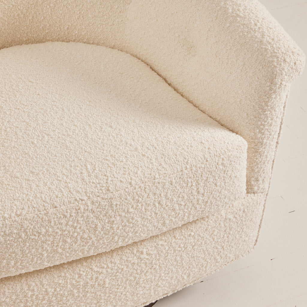 SOLD Milo Baughman Attributed Swivel Tub Chairs in Ivory Boucle, 1950's