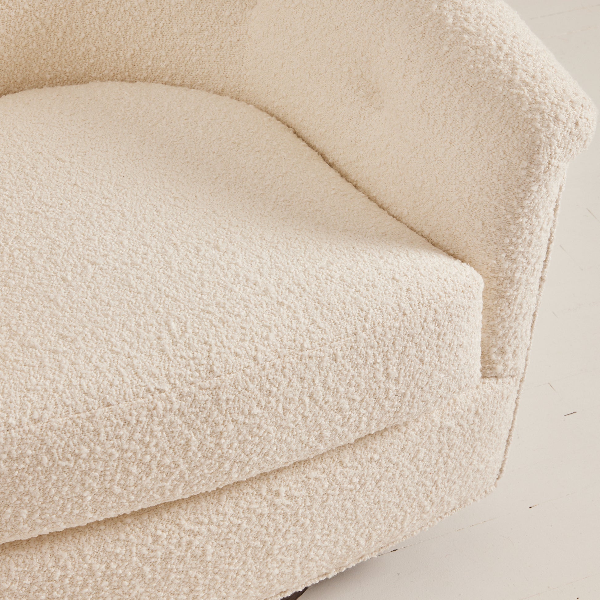 SOLD Milo Baughman Attributed Swivel Tub Chairs in Ivory Boucle, 1950's