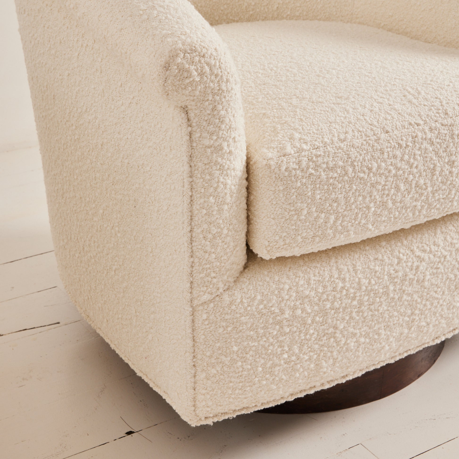 SOLD Milo Baughman Attributed Swivel Tub Chairs in Ivory Boucle, 1950's