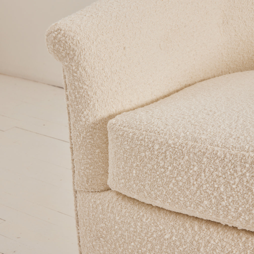 SOLD Milo Baughman Attributed Swivel Tub Chairs in Ivory Boucle, 1950's