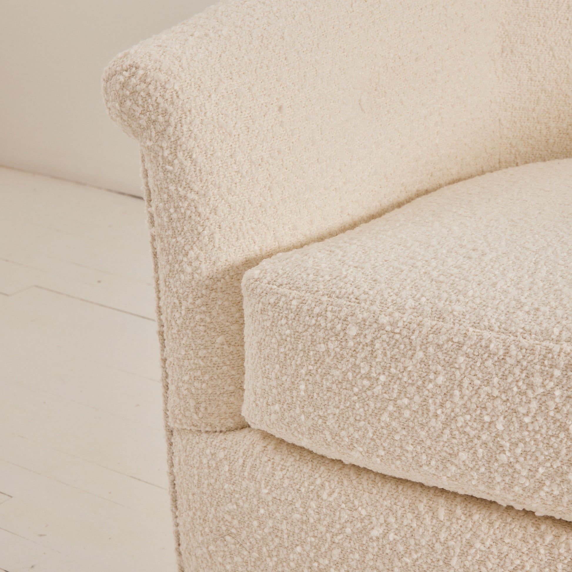 SOLD Milo Baughman Attributed Swivel Tub Chairs in Ivory Boucle, 1950's