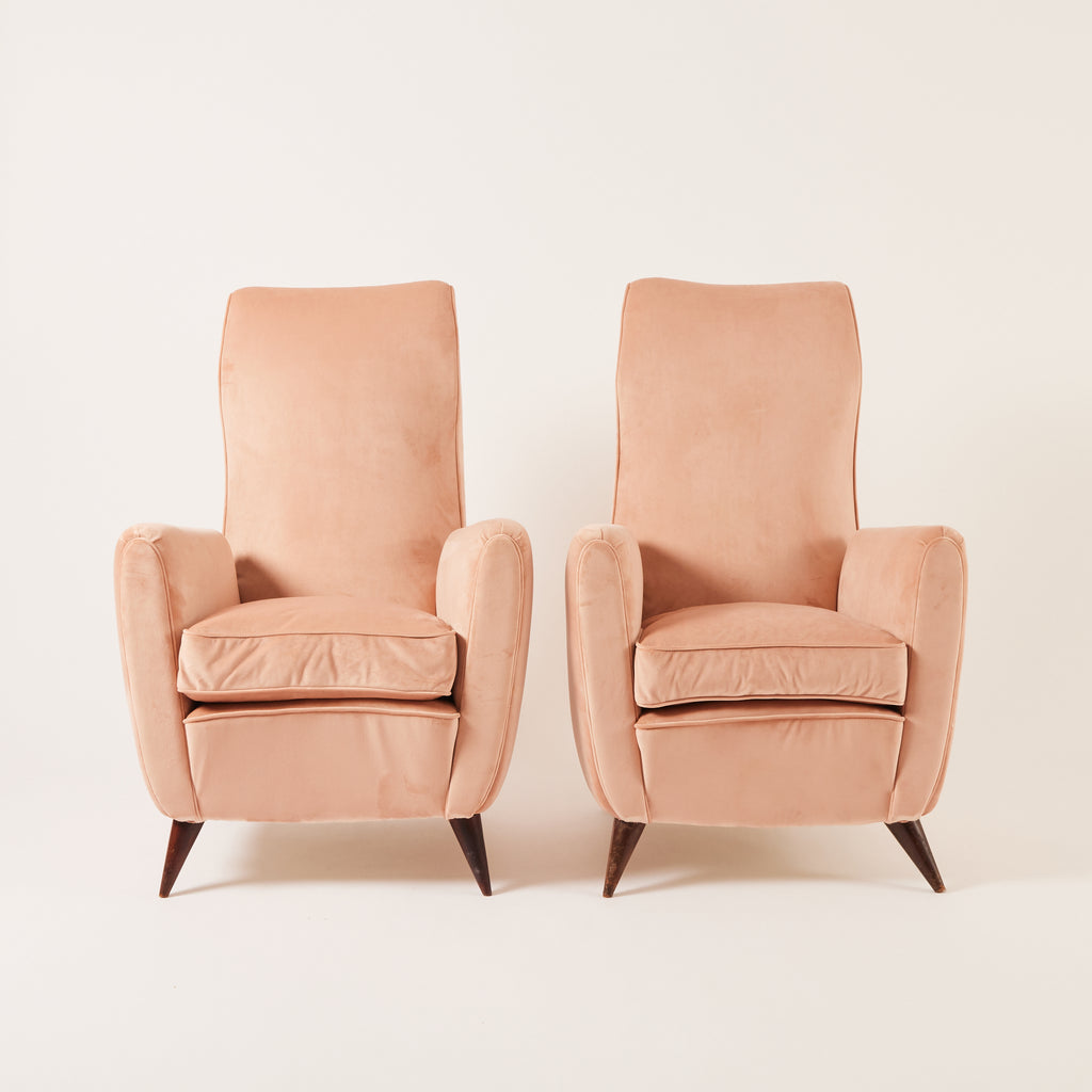 SOLD Gio Ponti Velvet Armchairs, Vintage 1940s High Back Blush Armchairs for ISA Bergamo, Set of 2