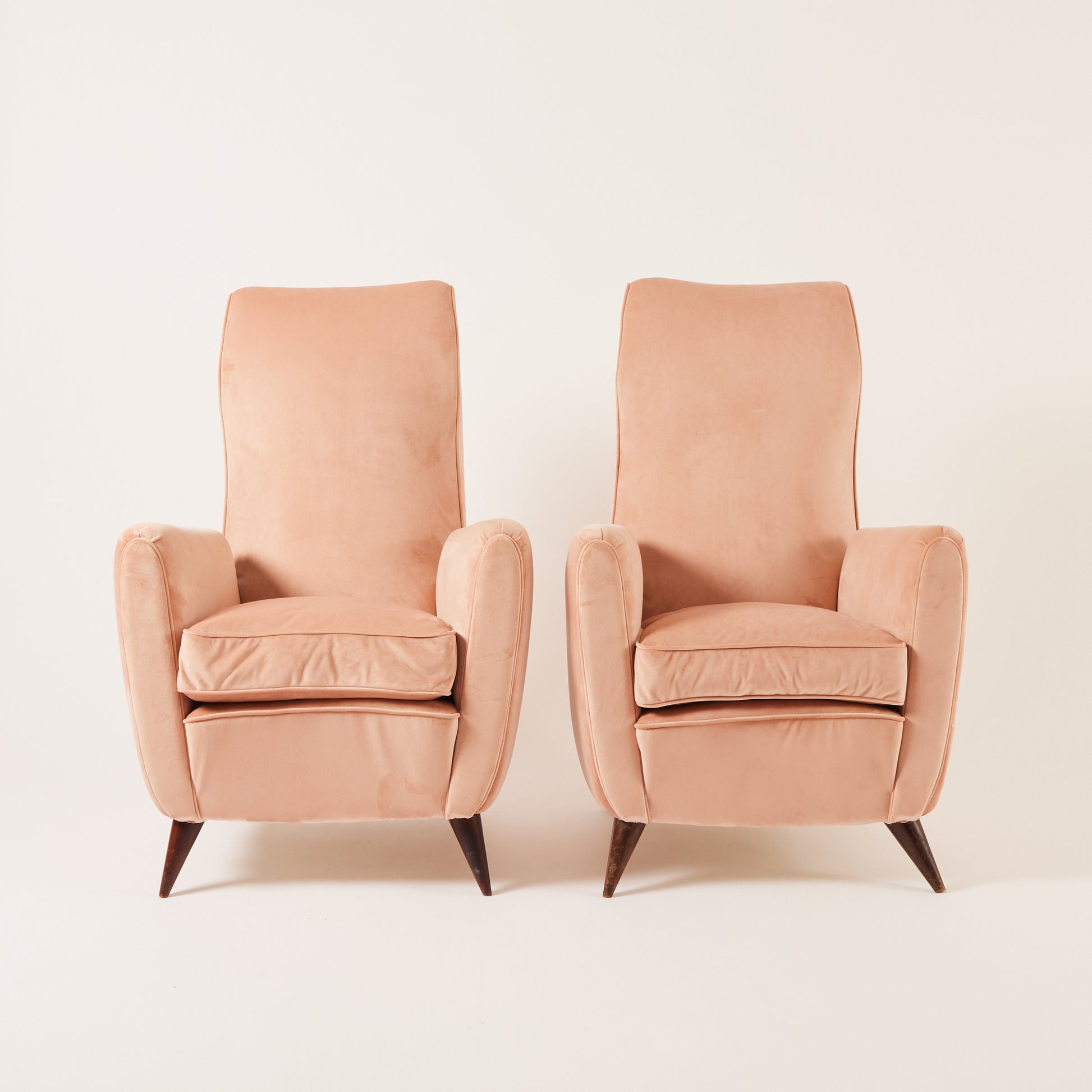 SOLD Gio Ponti Velvet Armchairs, Vintage 1940s High Back Blush Armchairs for ISA Bergamo, Set of 2