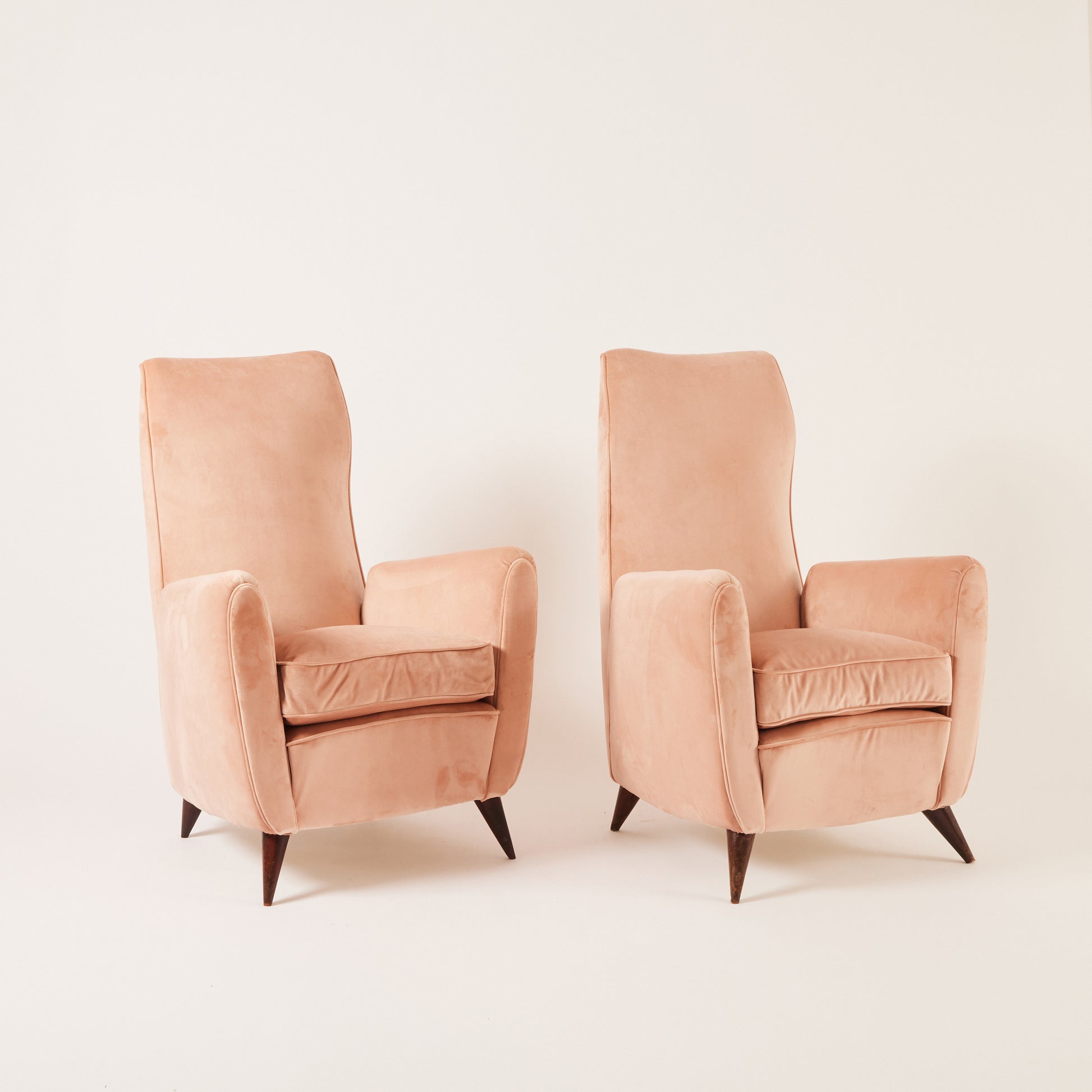 SOLD Gio Ponti Velvet Armchairs, Vintage 1940s High Back Blush Armchairs for ISA Bergamo, Set of 2