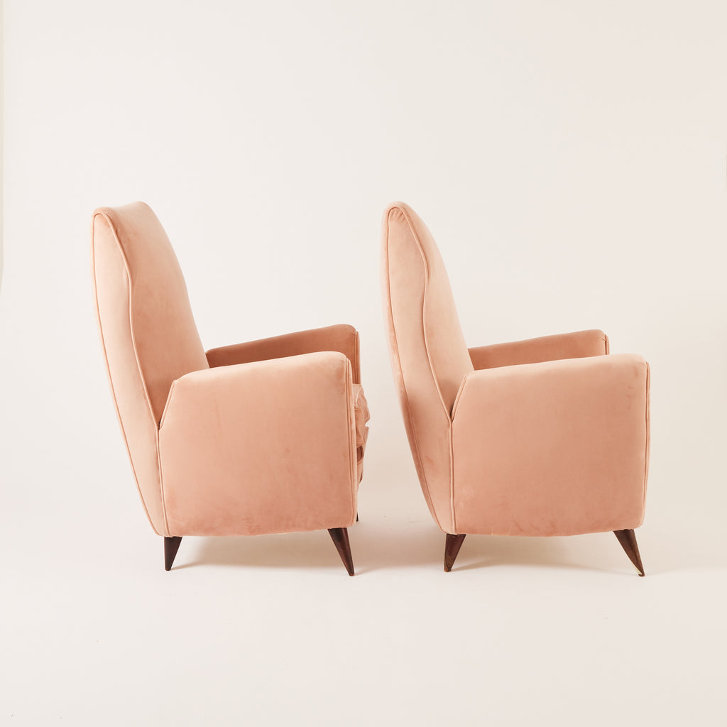 SOLD Gio Ponti Velvet Armchairs, Vintage 1940s High Back Blush Armchairs for ISA Bergamo, Set of 2