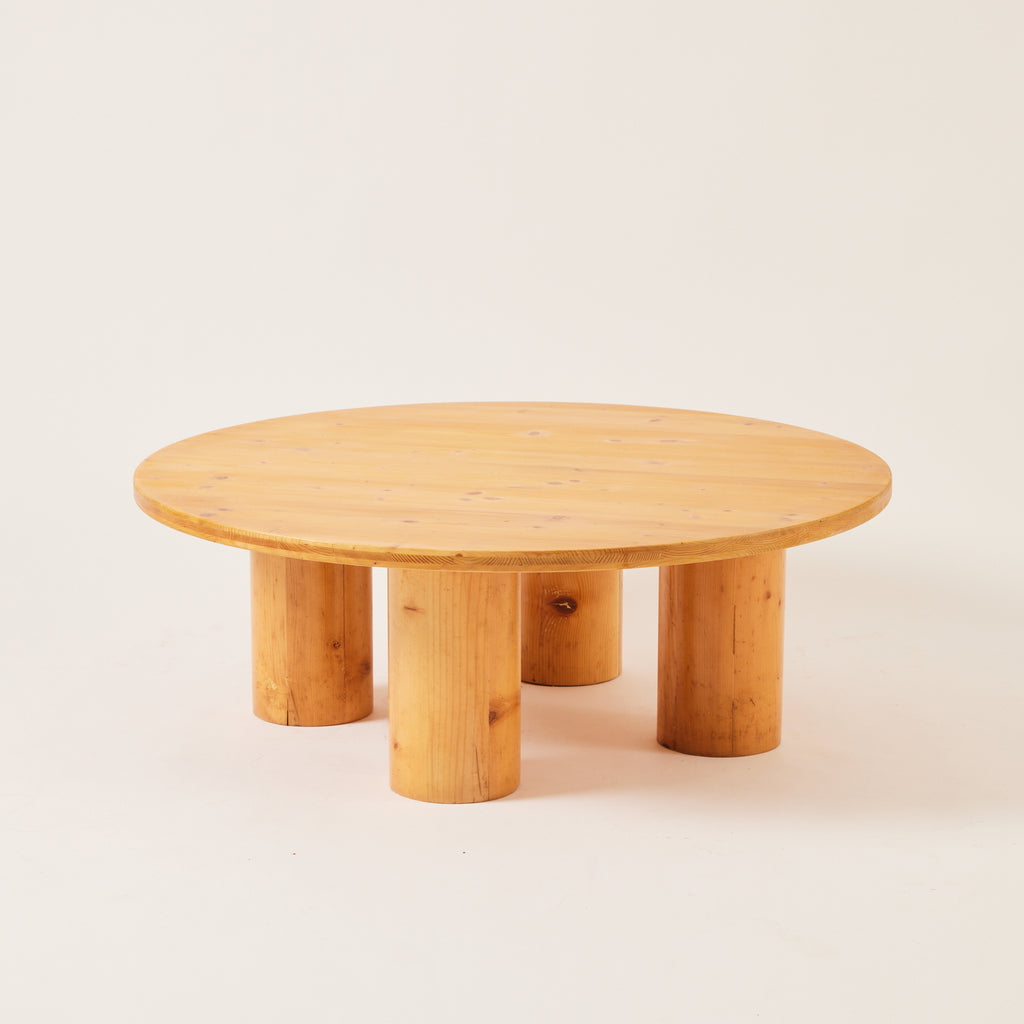 Charlotte Perriand-Style Coffee Table, 1970s Vintage Round Pine Coffee Table