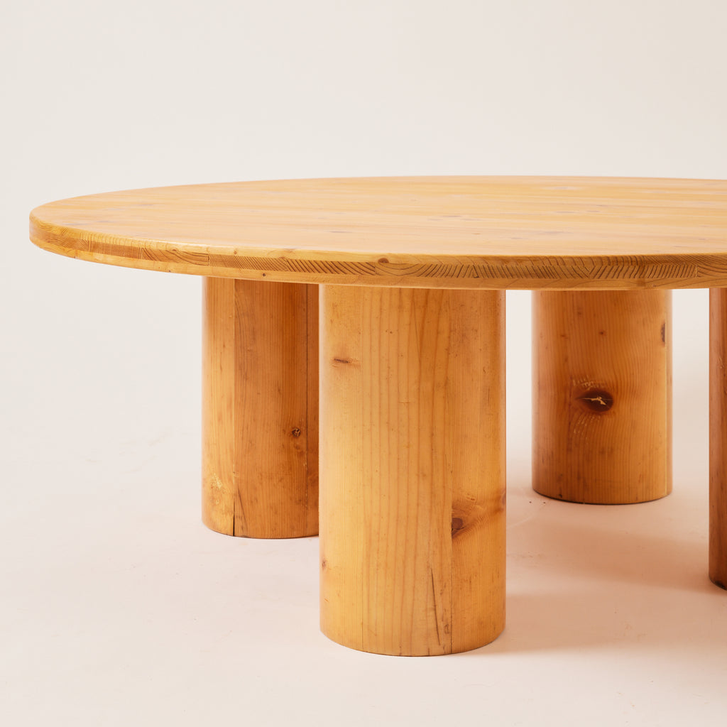 Charlotte Perriand-Style Coffee Table, 1970s Vintage Round Pine Coffee Table