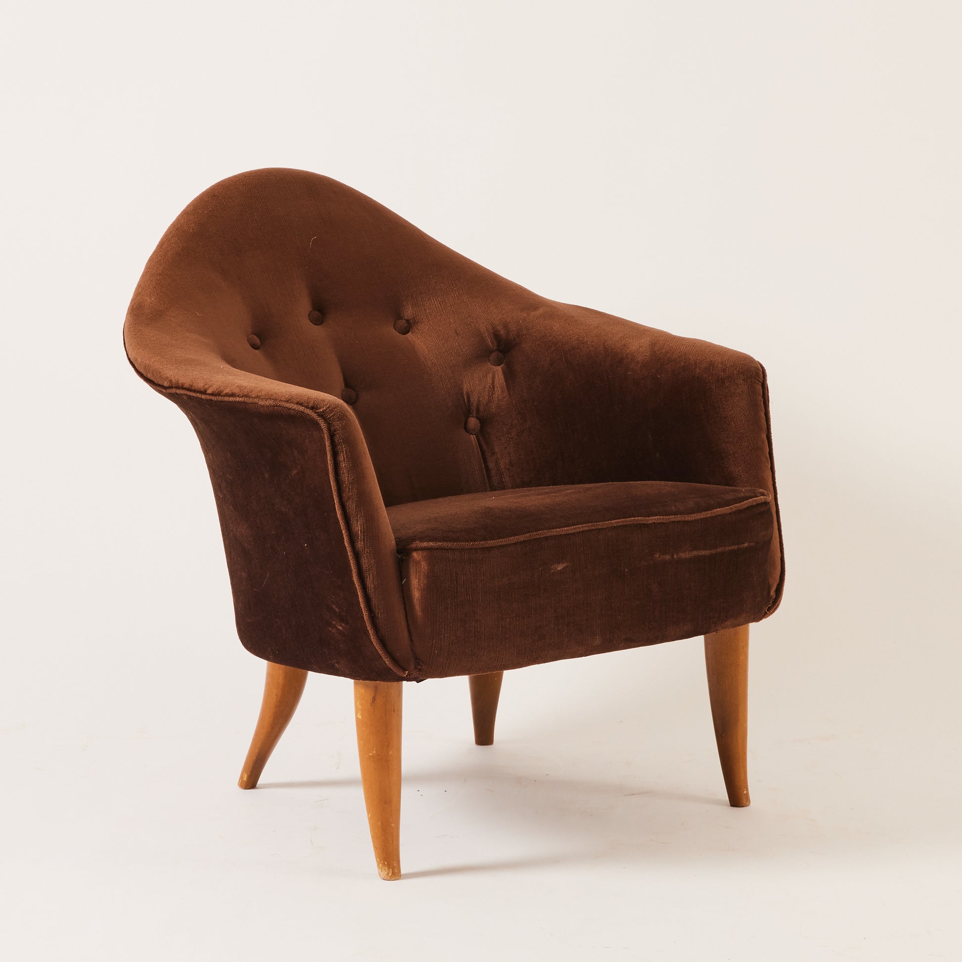 Kerstin Hörlin-Holmquist "Lilla Adam" Lounge Chair , Vintage 1950s Midcentury Velvet and Beech for Nordiska Kompaniet