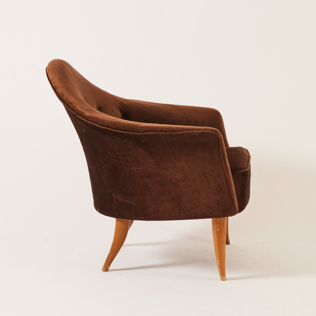 Kerstin Hörlin-Holmquist "Lilla Adam" Lounge Chair , Vintage 1950s Midcentury Velvet and Beech for Nordiska Kompaniet