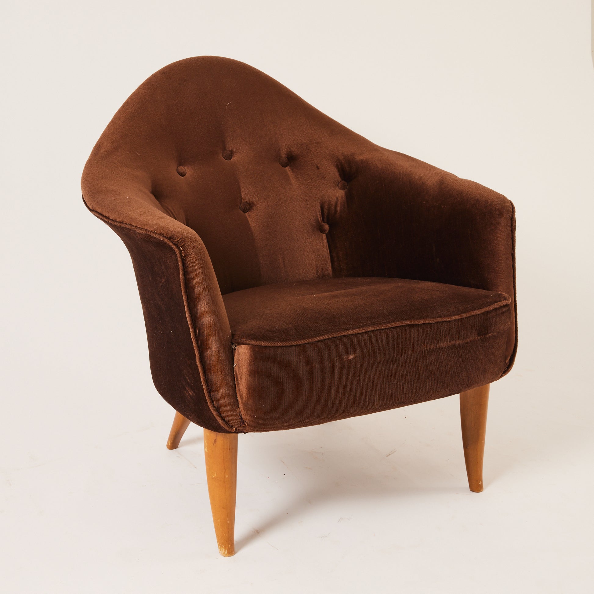 Kerstin Hörlin-Holmquist "Lilla Adam" Lounge Chair , Vintage 1950s Midcentury Velvet and Beech for Nordiska Kompaniet