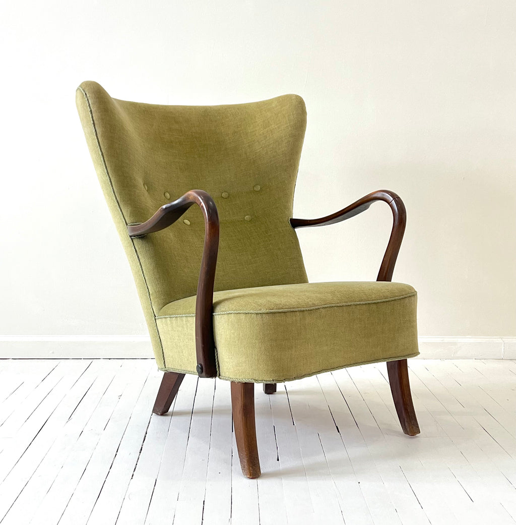 Alfred Christiansen Danish Modern High Back Easy Chair, 1940s, With Curved Open Arms