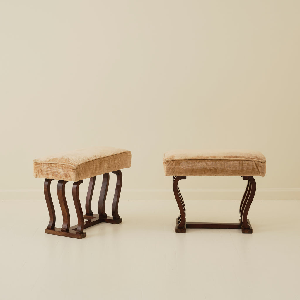 Italian Art Deco Stools With Wavy Dark Wood Legs, a Pair, 1940's
