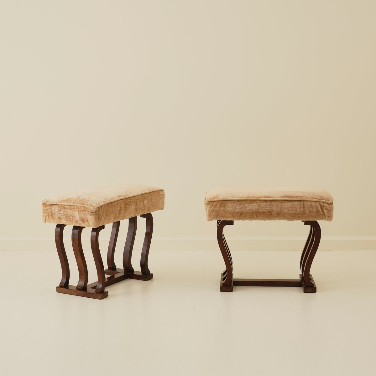 Italian Art Deco Stools With Wavy Dark Wood Legs, a Pair, 1940's