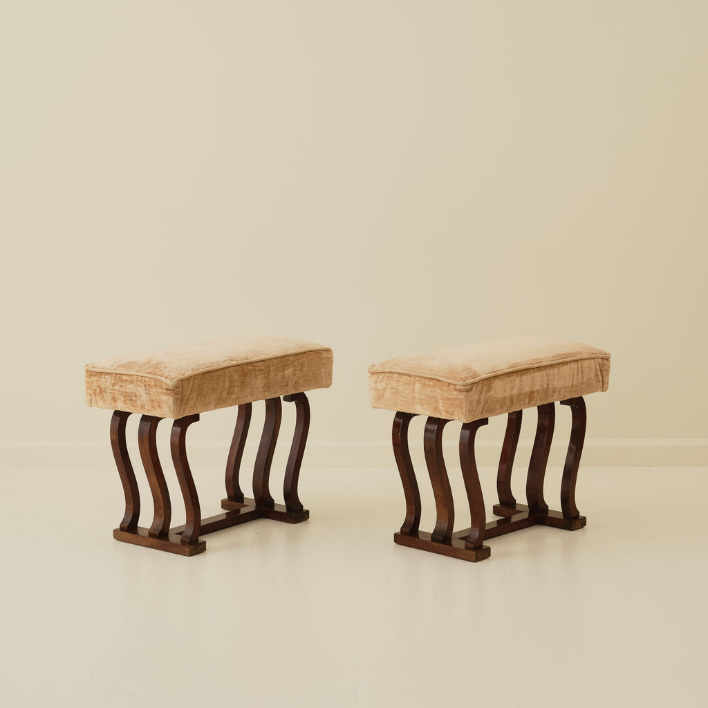 Italian Art Deco Stools With Wavy Dark Wood Legs, a Pair, 1940's