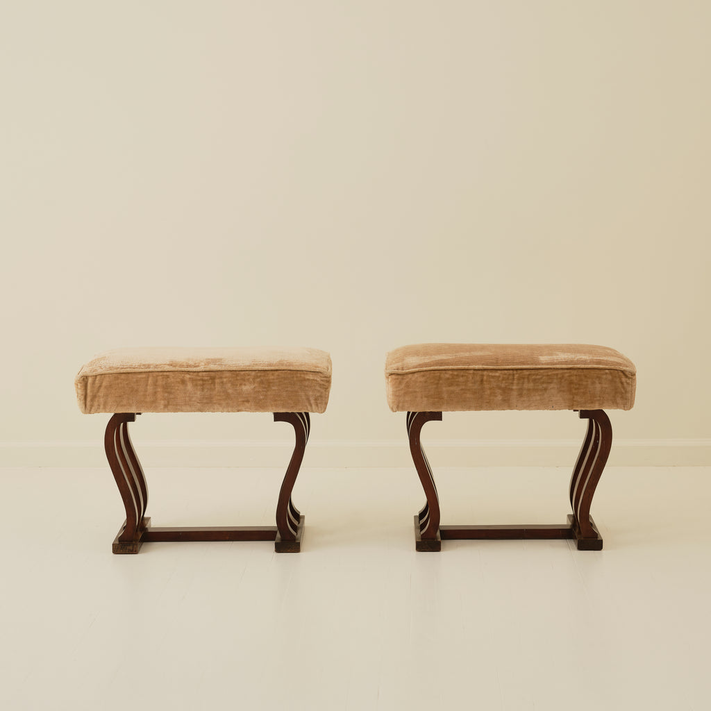 Italian Art Deco Stools With Wavy Dark Wood Legs, a Pair, 1940's